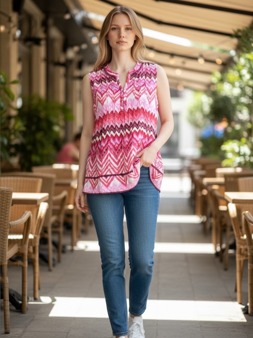 NWT Tribal Sleeveless Chevron Blouse | Small | Plum Pink Multi